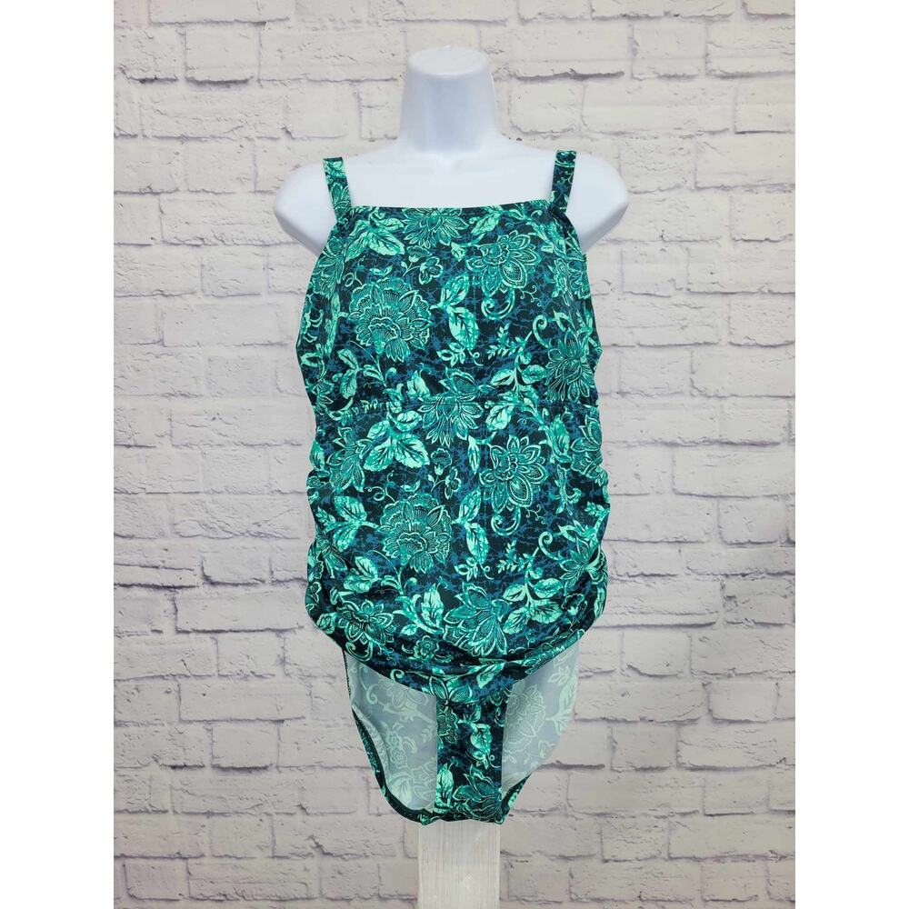 10R GREEN A392812 Denim & Co. Beach Square Neck One-Piece
